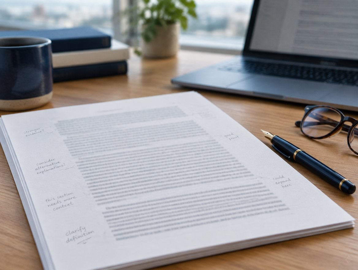 Annotated academic manuscript on a desk