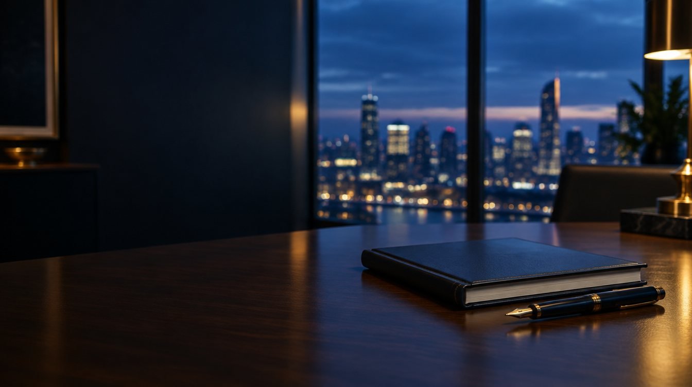 Bound report on a desk above a city skyline