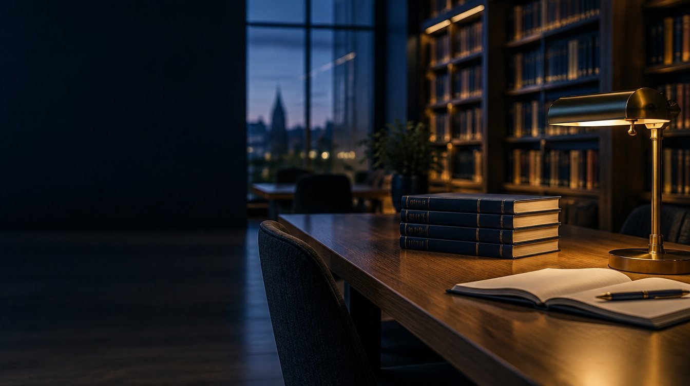 Study desk with reading lamp and bound theses